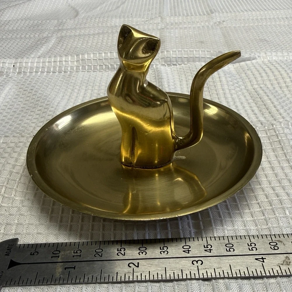 Rare Vintage Brass Cat Jewelry Trinket Rings Dish Velvet Bottom MCM 70s Kitten